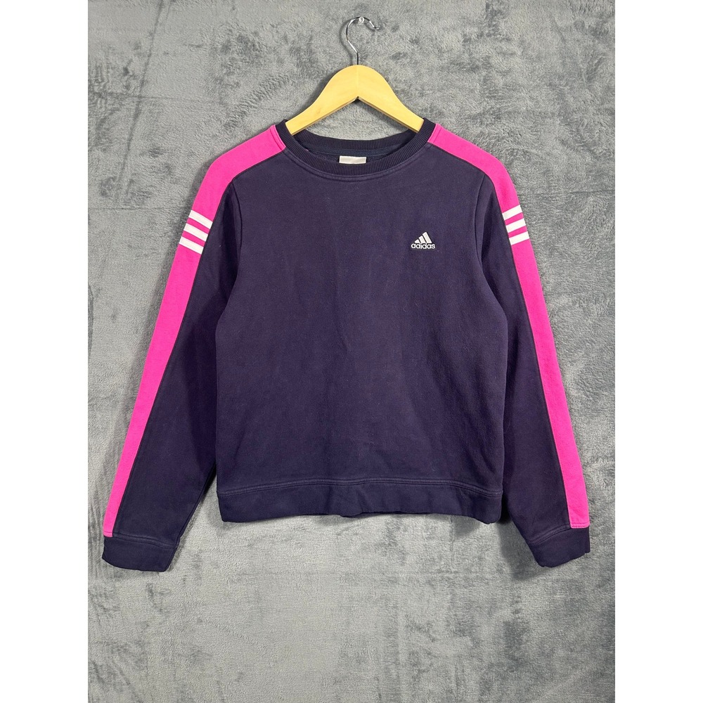 Adidas Womens Navy Blue Pink Stripe Crewneck Sweatshirt Size Medium Pullover